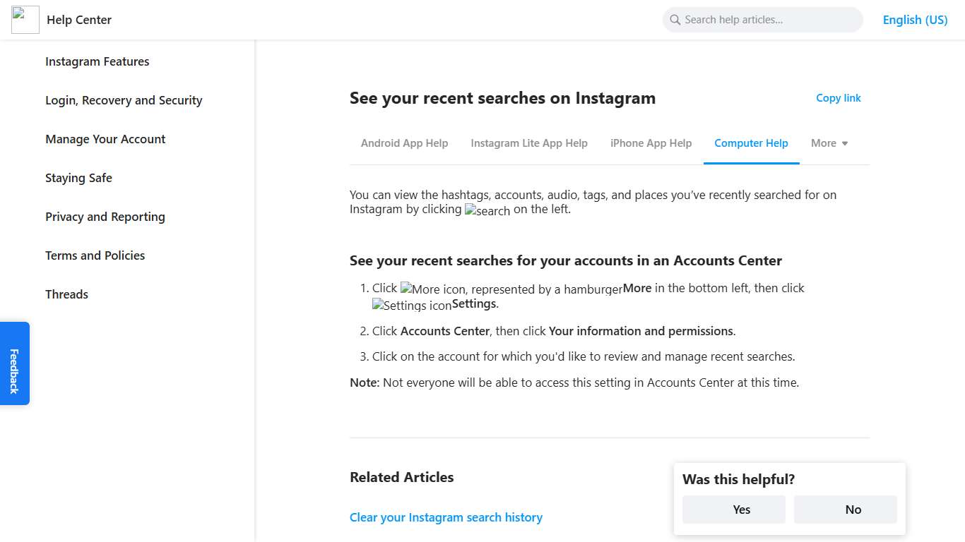 See your recent searches on Instagram | Instagram Help Center